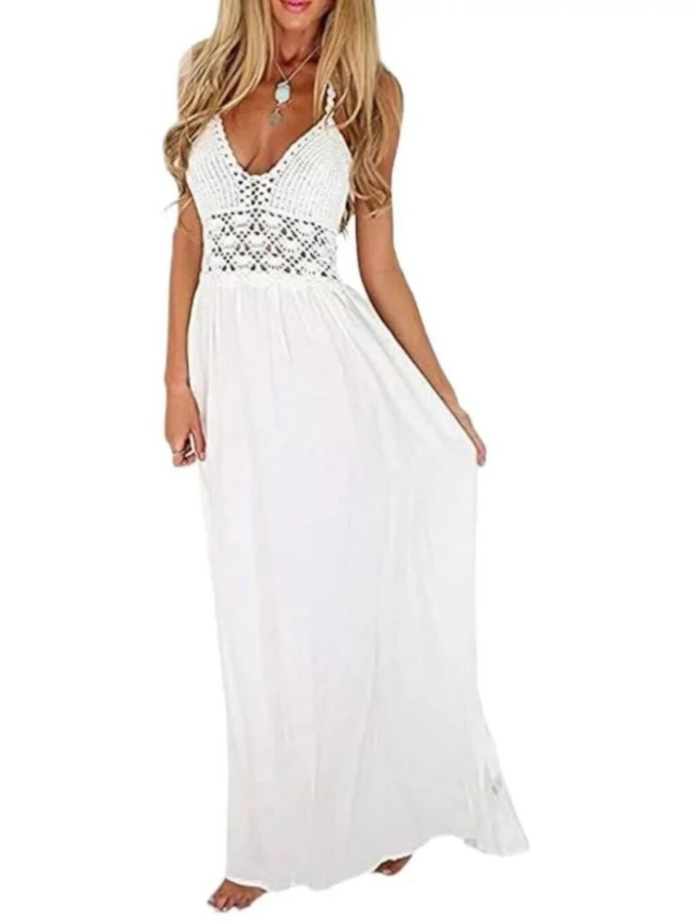 Lilbetter Crochet Off White Crochet Dress Size L Maxi Boho Bohemian Summer NWT